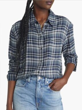 Treasure & Bond Boyfriend Shirt Navy and Gray Plaid Button-Down